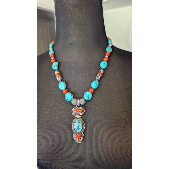 Vintage Turquoise & Coral Necklace Sterling Silver 115.4g Tribal Native American - Picture 5 of 13